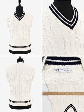 Zara Cream Cable-Knit Tennis Vest with Navy Trim